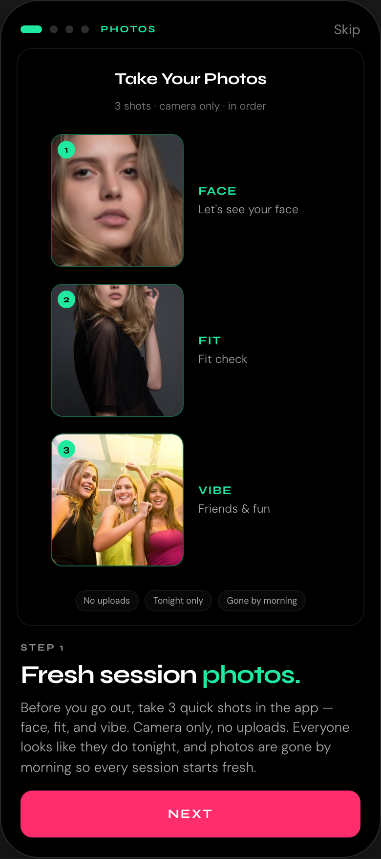 Onboarding: take face, fit, and vibe photos in the app