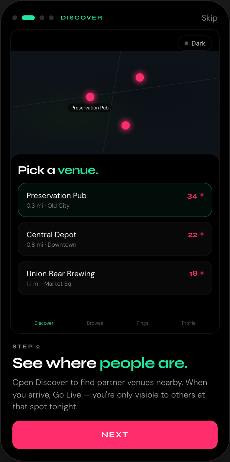 Onboarding: discover venues and see where people are going out