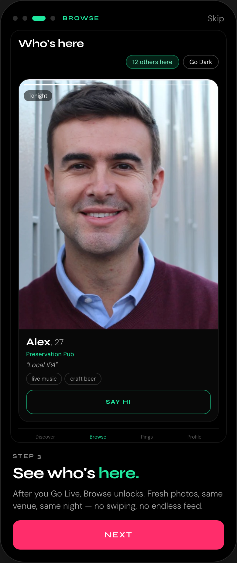 Onboarding: browse who's here at your venue tonight