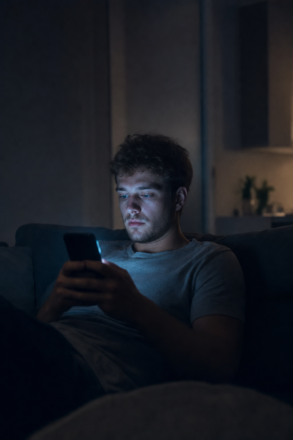 Guy on the couch scrolling his phone in the dark