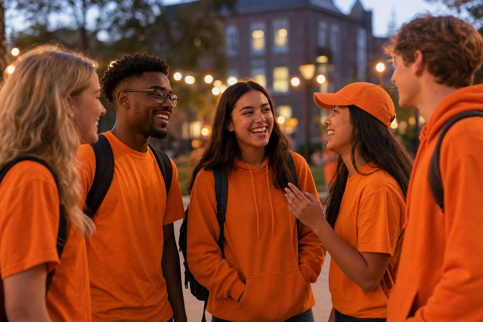 Group of UT students in orange talking and laughing on campus at dusk