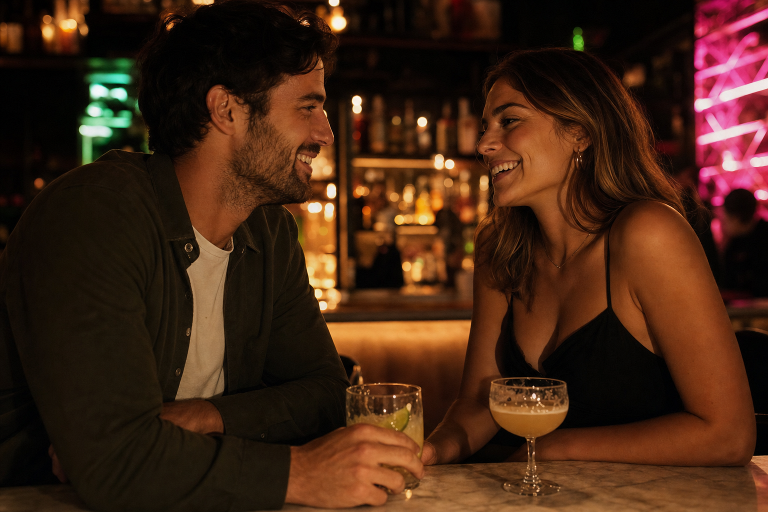 A man and a woman happily talking at a bar